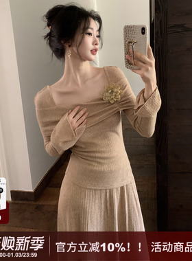 SYT自制 法式花朵围脖方领套装连衣裙女2025秋季新款气质显瘦长裙