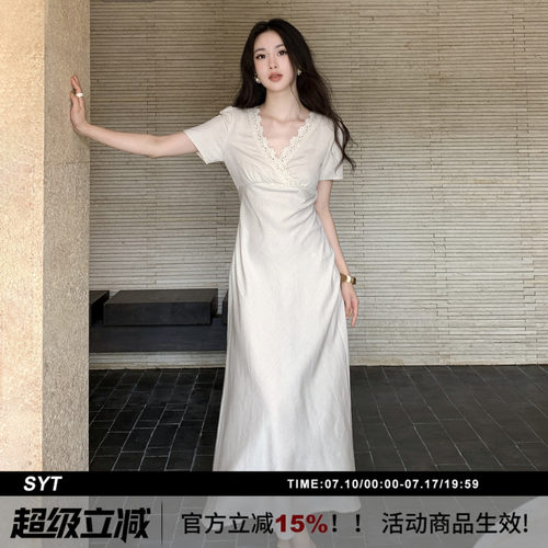 亚麻高品质蕾丝v领连衣裙