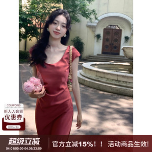 修身 显瘦褶皱优雅气质性感长裙 缎面丝滑连衣裙女2026新款 SYT自制