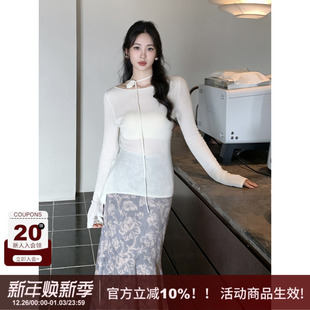 露肩圆领针织罩衫 SYT自制 女秋季 新款 上衣 极简绑带长袖 枯砂