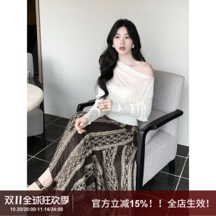 T恤针织衫 高级设计感荡领斜肩显瘦天丝长袖 SYT自制 上衣 挽柔