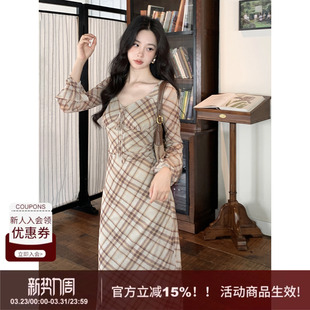 新款 复古格子连衣裙女2026春季 弹力网纱v领气质长裙 经典 SYT自制