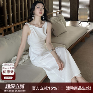 新款 收腰大摆A型长裙 亚麻荡领扭结吊带连衣裙女2026春季 SYT自制