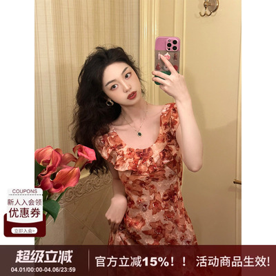 约会花朵连衣裙大圆领荷叶边裙子