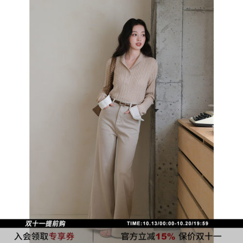 SYT自制复古杏色微喇牛仔裤