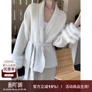 口拼接绑带毛衣针织外套 百搭设计感毛毛袖 SYT自制 纯色老钱风时尚