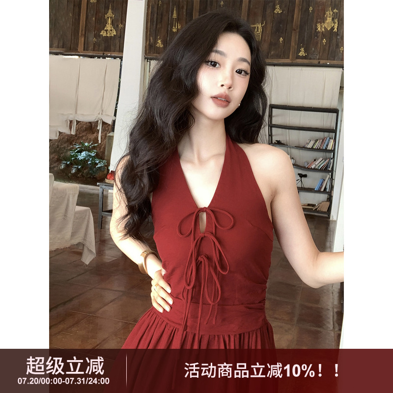 SYT自制 港风红色绑带挂脖度假连衣裙2025夏季新款收腰大摆长裙
