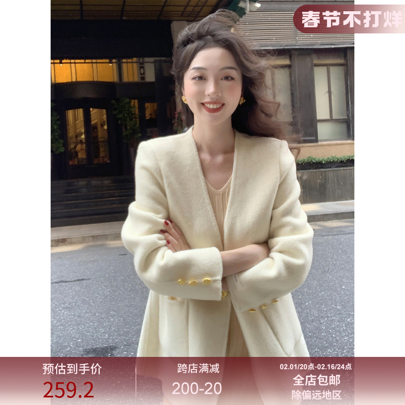 SYT财阀大姐姐 小香风双面羊毛外套女秋冬新款无领一粒扣毛呢大衣