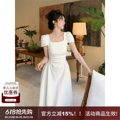 SYT法式方领褶皱收腰短袖连衣裙女夏季高品质垂感气质大摆裙桑桑