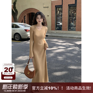 SYT自制 绑带收腰简约打底裙子 跑量v领坑条针织连衣裙女秋冬新款