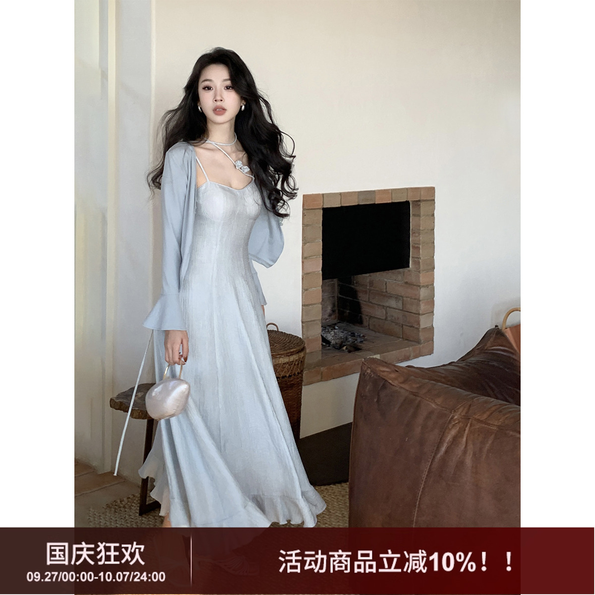 清冷显白花朵纯欲吊带连衣裙