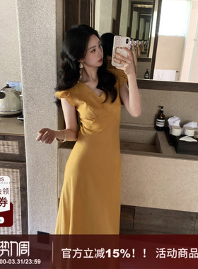 SYT原创 小飞袖天丝亚麻显瘦连衣裙女2026春季新款绑带V领长裙子