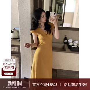 新款 天丝亚麻显瘦连衣裙女2026春季 绑带V领长裙子 小飞袖 SYT原创