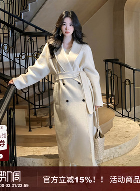 【暖意生烟】SYT自制 极简宽松长款燕麦白色双面羊毛呢大衣外套女