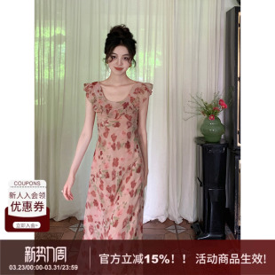 新款 浪漫花朵连衣裙女夏季 收腰显瘦纯欲圆领长裙子 法式 SYT自制款