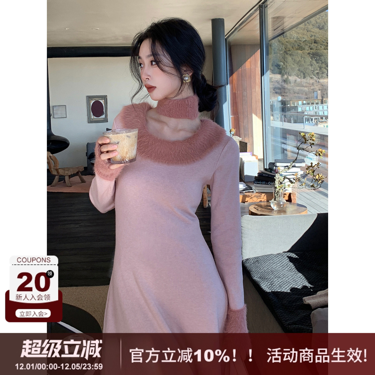 SYT现货圆领围脖收腰针织连衣裙