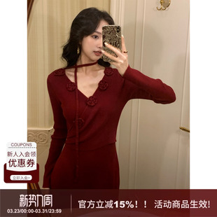 通勤风休闲花朵v领交叉绑带修身 SYT自制 型针织连衣裙女 空灵