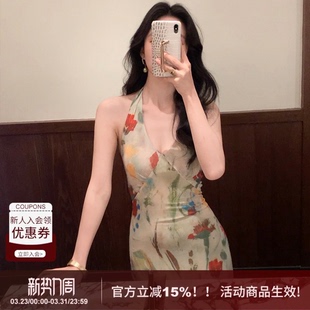 气质长裙 新款 SYT自制 复古网纱印花挂脖鱼尾连衣裙度假战裙女夏季