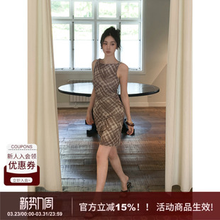 收腰压褶包臀裙 网纱连衣裙女新款 SYT自制 纽结不对称格纹收腰短款