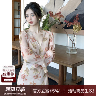 温柔仙美v领喇叭袖 弥纱 SYT自制 印花长裙 花朵连衣裙女秋新款