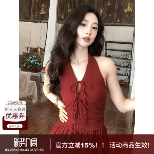收腰大摆长裙 新款 SYT自制 港风红色绑带挂脖度假连衣裙2026春季