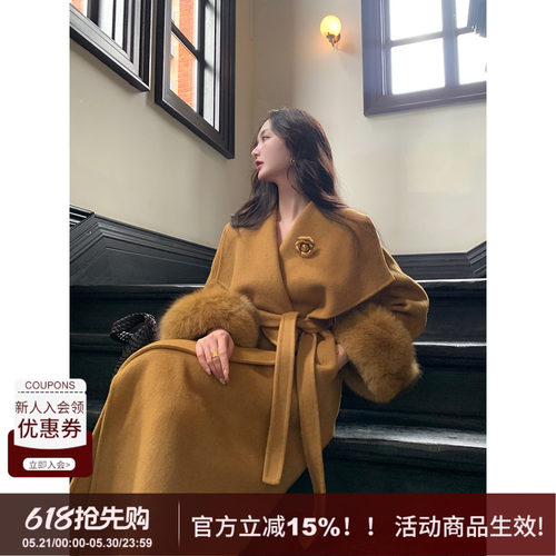 SYT现货狐狸毛袖子双面羊毛外套