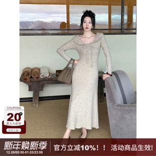 新款 羊毛针织连衣裙女冬季 小翻领收腰长裙 荷叶边收腰修身 SYT自制