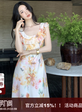 SYT原创 荷叶边u型领印花度假连衣裙女2026春季新款显白垂感长裙