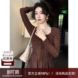 SYT自制 套头连衣裙大摆裙女 复古通勤风暗纹U型领绑带收腰A字长袖