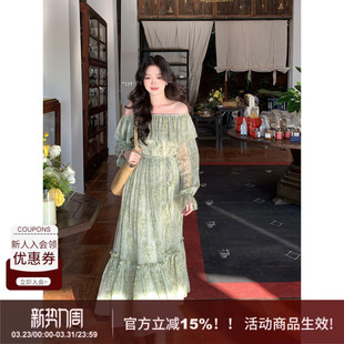 SYT自制 温柔风荷叶领一字领波西米亚花纹宽松型度假A字连衣裙女