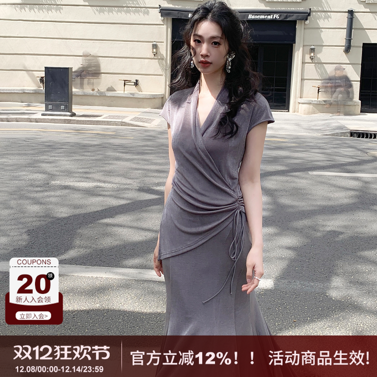 SYT自制垂感好荡领收腰连衣裙