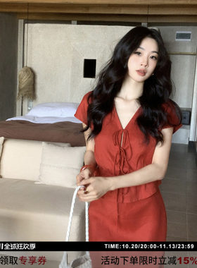 SYT自制100亚麻透绑带套装连衣裙