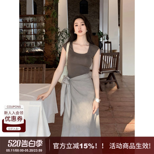 SYT自制亚麻扭结绑带收腰半身裙