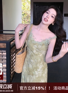 【松下居】SYT自制 温柔风蕾丝花边领吊带印花雪纺高腰A字连衣裙