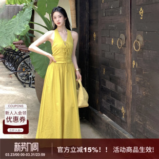 新款 绑带挂脖连衣裙女2026春季 大摆收腰长裙子 气质修身 SYT自制