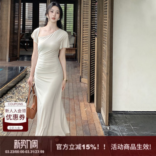 斜裁包臀鱼尾裙 新款 SYT自制 褶皱收腰设计感显瘦连衣裙女2026春季