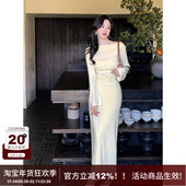 清茉 SYT自制 温柔气质人棉一字领绑带套装 修身 包臀针织连衣裙