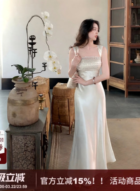 【风月】SYT自制 轻奢感缎面修身型吊带连衣裙高级钉珠长款鱼尾裙