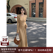 SYT自制 跑量v领坑条针织连衣裙女秋冬新款 绑带收腰简约打底裙子