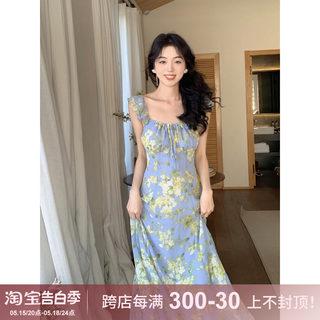 SYT飘逸灵动 清冷感小飞袖花朵连衣裙女纯欲慵懒收腰碎花度假长裙