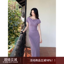SYT自制 挡手臂露肩收腰显瘦短袖连衣裙女2025春夏一字领包臀长裙