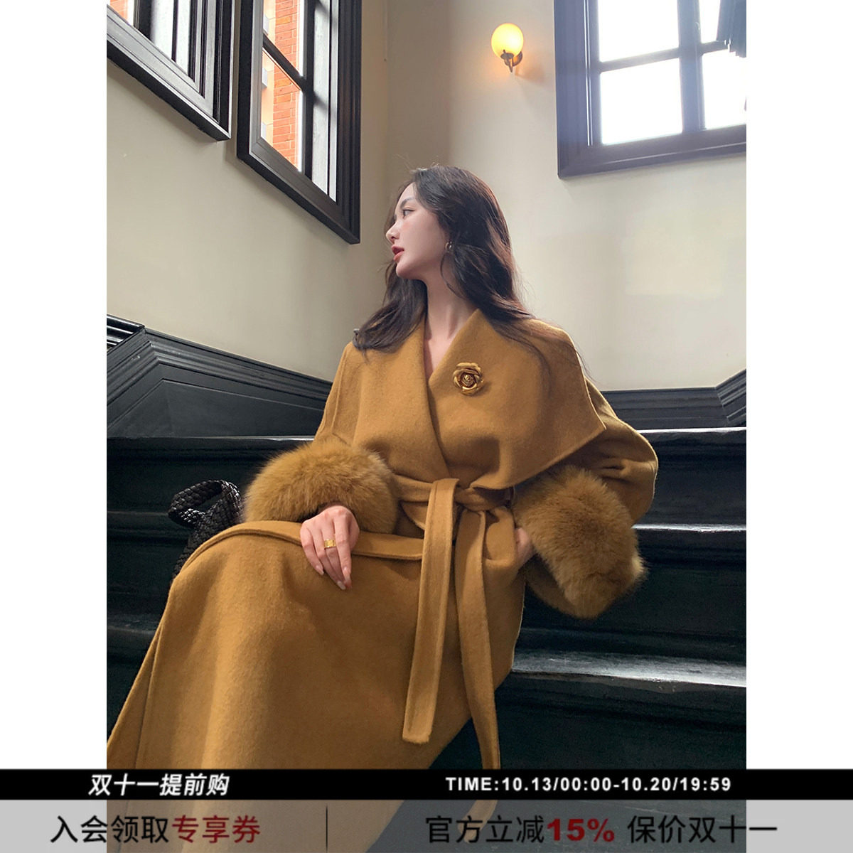 SYT自制 狐狸毛袖子绵羊毛双面呢子大衣女冬季新款系带大翻领外套