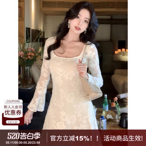 SYT自制方领蕾丝花朵修身连衣裙