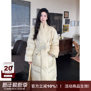 新款 白鸭绒羽绒服女冬季 褶皱直筒保暖宽松长外套 气质长款 SYT自制
