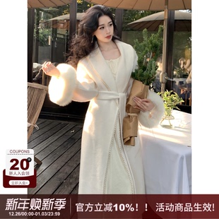 外套 口收腰长款 SYT自制 纯色珍珠边系带双面羊毛大衣狐狸毛落肩袖