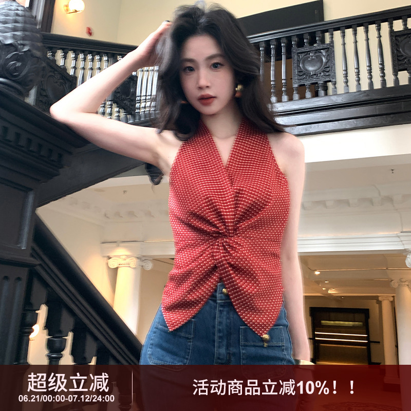 SYT港风复古格子无袖上衣马甲