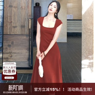 新款 SYT原创 季 改短简约方领显瘦连衣裙女2026春季 收腰A字裙 爆款