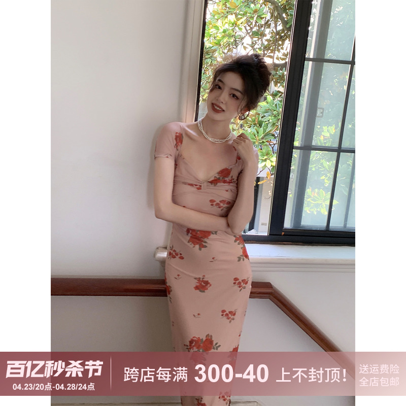 新中式方领修身显瘦花朵连衣裙女