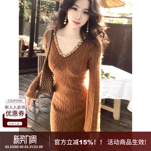 修身 U型领亮片麻花针织连衣裙A字长袖 型显瘦毛衣裙女 法式 SYT自制