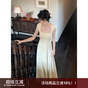 SYT自制 长裙 法式 简约方领绑带连衣裙女百搭气质垂感收腰显瘦修身
